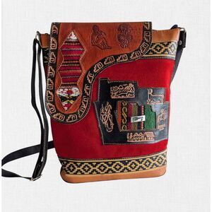 Peruvian Leather Crossbody Bag Boho Andean Woven Textile Embossed Llama